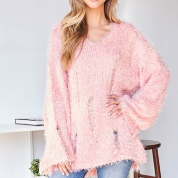 Sweaters - Comfy Oversized Fuzzy Pink Distressed Sweater